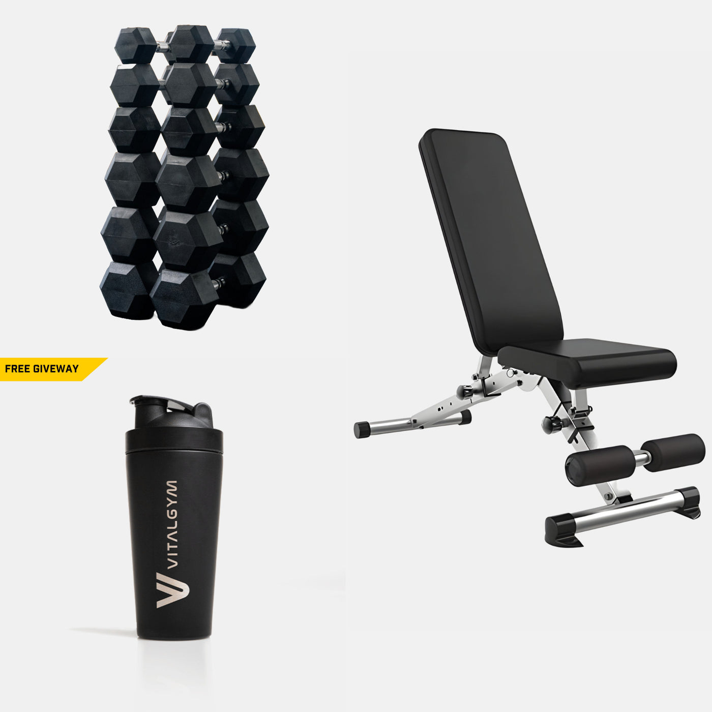 Free Weight Bundle | Adjustable Bench + Hex Dumbbells Set