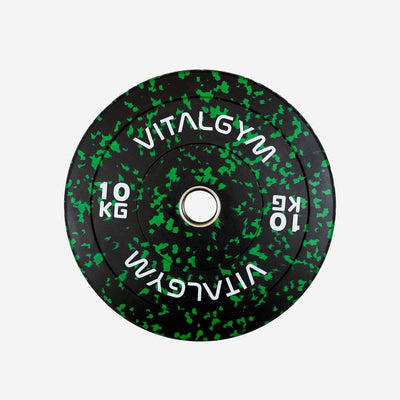 Vital Gym 10kg Fleck Bumper Plates made from recycled rubber for sustainable weightlifting and strength training